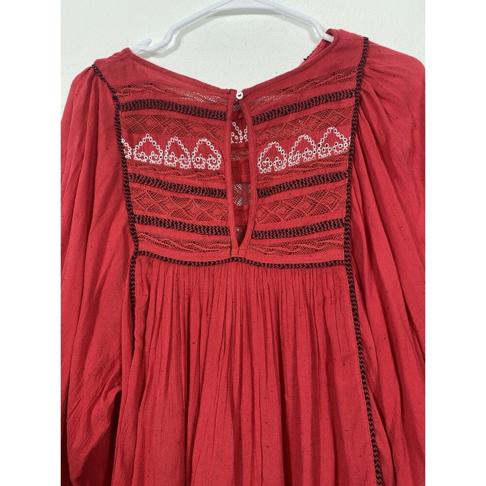 Free People Red Boho Embroidered Lace Peasant Top Women’s Size S/p - Picture 7 of 16